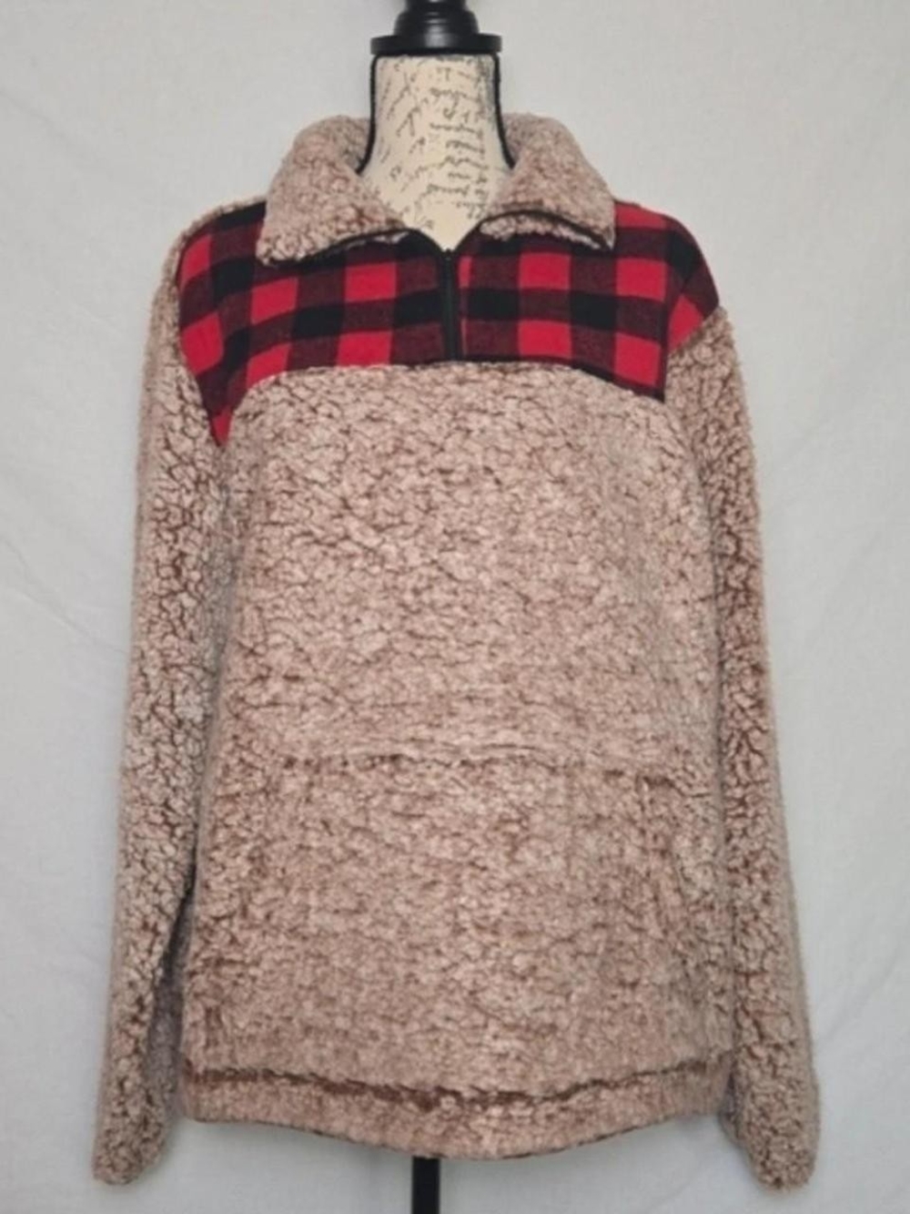 ePretty Sherpa Pullover XL Buffalo Plaid 1/4 Zip Tan Sherpa Cozy Fall Winter